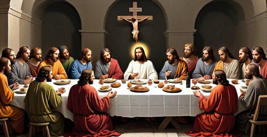 Prompt: Holy Nonsense --- The holy scene, Jesus is sitting at a table with his twelve (12) apostles for his last meal, he speaks in deep and wise words, but the twelve apostles are all distracted looking at their cell phones, Christianity and digitalisation, absurdity of the wise philosopher confronted with the hedonistic narcissism of a civilization that only believes in the connected gadget  
