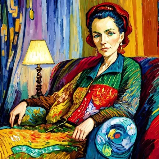 Prompt: Woman sitting on the sofa, Style Flora Bowley and Vincent van Gogh,8k and Enki Bilal and Anton Pieck, dynamic lighting, ultra detailed