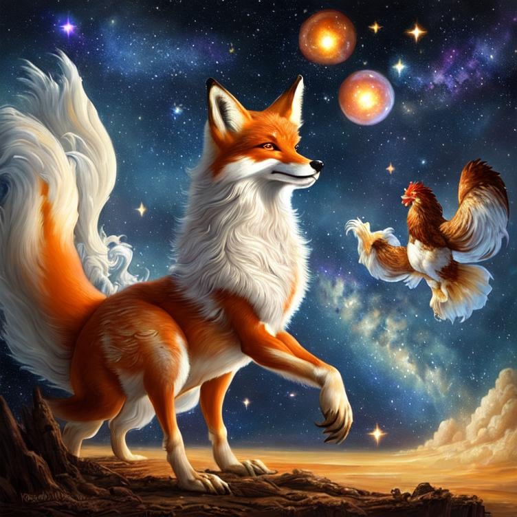 Prompt:  Oil painting by Botticelli portrait of a beautiful fox steling an chicken observing star dust and clouds in the milky-way, stunning image, epic fantasy image, award-winning cgi, artstation, blender 