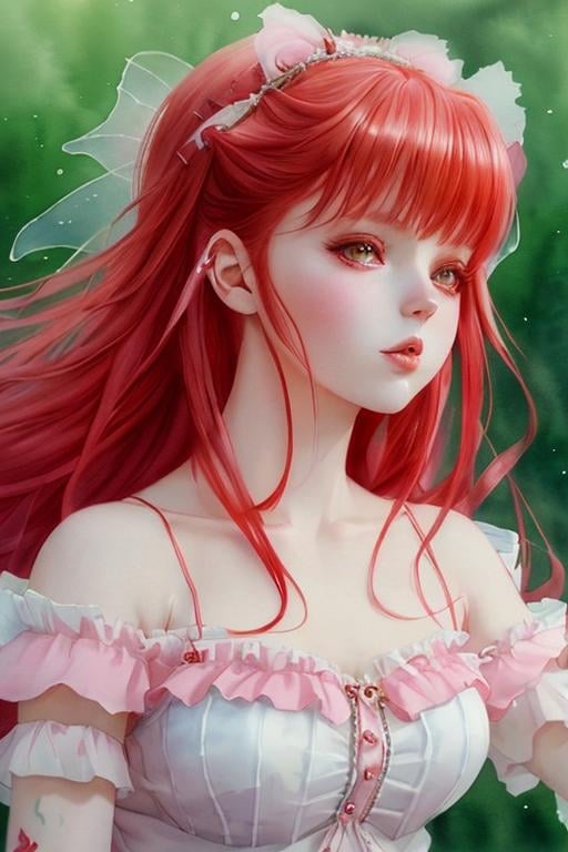 Prompt: blissful, sweet girl, lolita style, red hair, fairy, anime Character Design, Unreal Engine, Beautiful, Tumblr Aesthetic,  Hd Photography, Hyperrealism, Beautiful Watercolor Painting, Realistic, Detailed, Painting By Olga Shvartsur, Svetlana Novikova, Fine Art