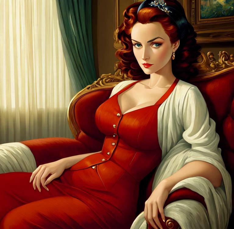 Prompt: Woman sitting on the sofa, Style Catherine Abel and Vincent van Gogh,8k, dynamic lighting, ultra detailed