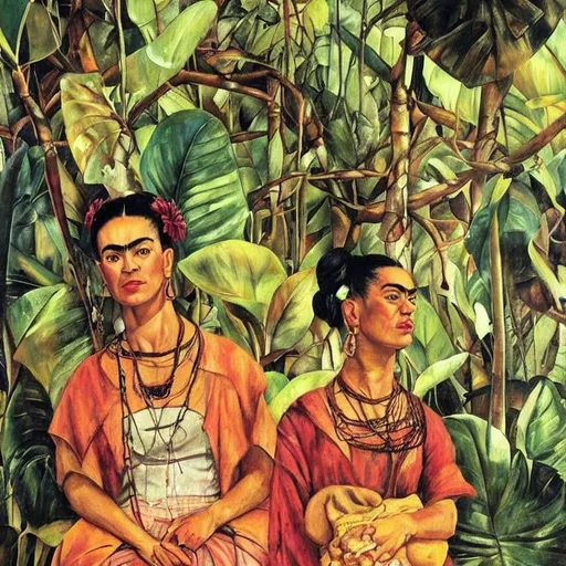 Prompt: portrait of frida kahlo, bali jungle background, detailed painting, epic lighting, by ilya repin, phil hale and kent williams