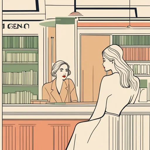 Prompt: minimalist graphic poster of a modern young blonde vietnamese woman sitting behind the counter in a little vintage bookstore. She looks up with pleasant surprise to great a european woman entering the bookshop, solid colors only. one line drawing. art deco and marimekko, final features, illustrative stylization, graphic emphasis, high accent textures, colored line patterns.