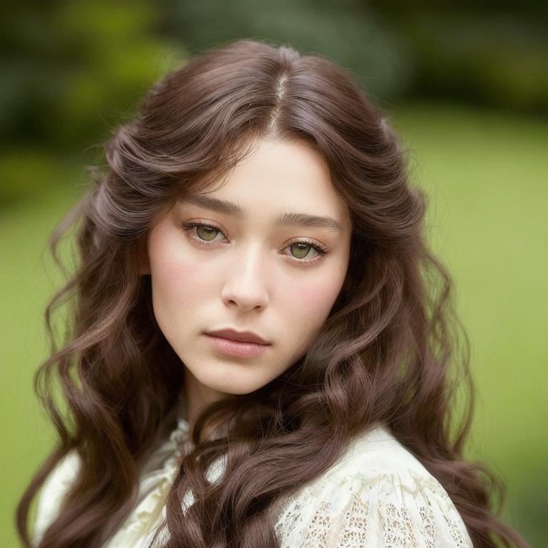 Prompt: Please paint a portrait of a beautiful young long haired Victorian era woman, looks like Astrid Berges-Frisbey . English garden backdrop.  Concept art in the style of Yoji Shinkawa, a hyper realistic close-up portrait, 4K symmetrical portrait, in-focus, trending in artstation, cgsociety, 8k post-processing highly detailed, Craig Mullins, Casey Baugh, wlop, Sharandula, Tom Bagshaw, Ross Tran, Artgerm, dramatic, moody lighting, characters 8K symmetrical, artstation, cinematic lighting, intricate details, 8k detail post processing, chiaroscuro --no dof --uplight:1.2), portrait, high detail, realistic, hyperrealistic, premium quality, digital painting, concept art, artistic, portrait