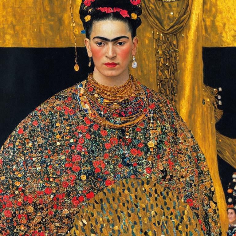 Prompt: a painting by gustav klimt of a beautiful slender blonde young woman frida kahlo in royal dress ,8k, dynamic lighting, ultra detailed