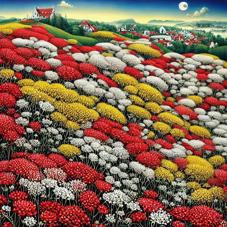 Prompt: Queen Anne’s Lace, red and white and black and yellow landscape. Detailed buildings with gray roofs. No floating flowers in the sky. No buildings on top of flowers in the sky. Unsigned, no signature, beautiful, high definition, acrylic art, incritate details, Jacek Yerka