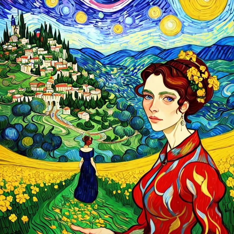 Prompt: Beautiful italian lady in an beautiful landscape of Umbrië, Style Flora Bowley and Vincent van Gogh,8k, dynamic lighting, ultra detailed