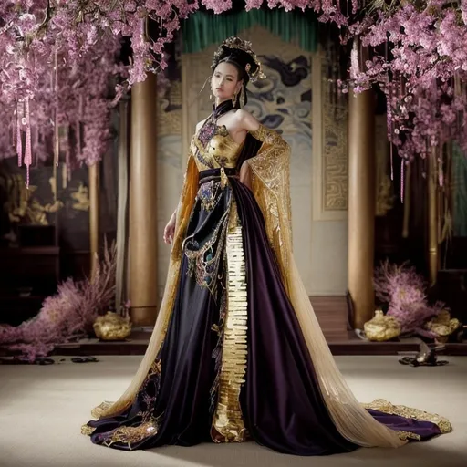 Prompt: A royal Chinese gown designed for a queen, blending the grandeur of traditional Chinese culture with fantastical modern elements, resulting in a bold and extravagant masterpiece. This design exudes power, beauty, and an otherworldly allure, making it a symbol of ultimate elegance and authority.

Main Structure
The gown is crafted from handwoven silk with a gradient of copper gold blending into deep crimson and finishing in jet black at the hem. The top features a high collar embroidered with golden dragons, and long layered sleeves cascade gracefully, representing the regal poise of an empress.

Skirt and Train
The floor-length skirt is adorned with phoenix motifs embroidered in iridescent threads, giving the appearance of shimmering flames. The hem is designed with layered, lotus-petal-like tiers, each intricately detailed with beads and crystals that catch the light with every movement.

Accessories
The ensemble is completed with an opulent cape draped from the shoulders, made of sheer golden fabric, embroidered with celestial patterns of clouds and stars to symbolize divine power. The crown is a towering, avant-garde creation resembling a pagoda, adorned with jade, pearls, and multicolored crystals. On either side of the crown, long strings of beads cascade like flowing rivers, adding an ethereal touch.

Special Features
A wide belt made of intricately carved gold wraps around the waist, featuring motifs of plum blossoms and two confronting dragons, symbolizing strength and beauty. Flowing from the belt is a semi-transparent red sash that adds movement and depth to the overall design.

This gown not only pays homage to the grandeur of ancient Chinese royalty but also introduces an extravagant, modern fantasy flair, ensuring its wearer radiates unparalleled majesty and sophistication. Perfect for a moment that demands a commanding and unforgettable presence.