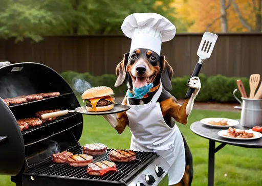 Prompt: A dog is standing on its hind legs wearing an apron and a chef's hat and holding a spatula in its mouth. It is facing the front of a large gas BBQ and is cooking hamburger patties and Weiner's.
