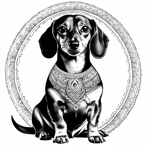 Prompt: meditating dachshund no
background mendhi black and white drawing