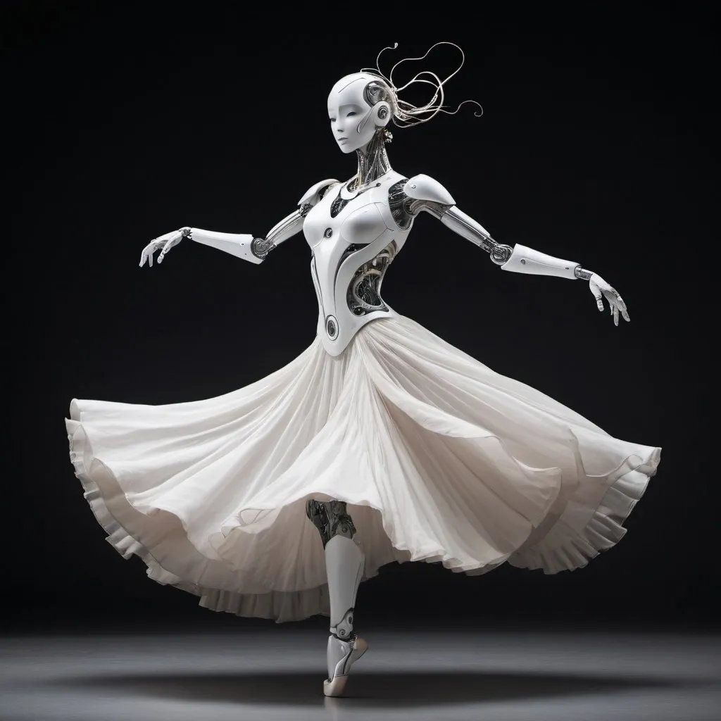 Prompt: A robot woman wearing a swirled white dress dancing ballet.