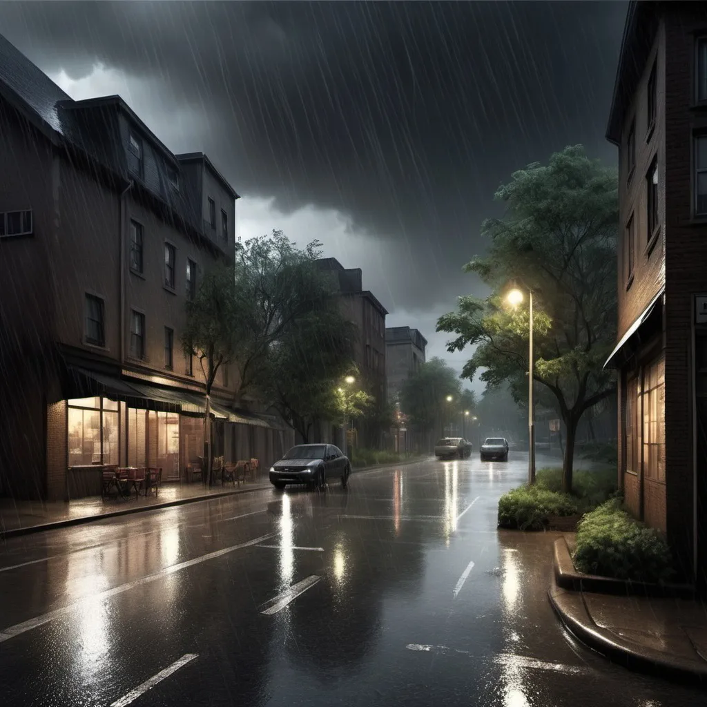 Prompt: Scene Setting:

The scene should take place in an outdoor environment. Examples include a city street at night, a forest, or a countryside landscape.
The setting should convey a rainy atmosphere with overcast skies or dark clouds. Light should be dim, with visible raindrops falling from the sky.
Rain Dynamics:

The rain should be moving or falling at various angles to mimic real-world wind patterns. The intensity should be moderate to heavy.
Include elements like puddles forming on the ground, with visible ripples as raindrops hit the surface.
Raindrops should appear in motion, creating streaks on camera lenses or surfaces like windows or car windshields.
Some raindrops should be blurred or elongated to enhance the sense of movement and speed.
Lighting Effects:

The lighting should reflect the wet environment. You can include reflections from street lamps, car headlights, or light from windows, with raindrops glistening in the light.
The scene should transition between light rain and heavy rain, with fluctuations in the intensity of raindrops.
Background Elements:

Optional: Include elements like wind moving trees or leaves, distant thunderstorms with occasional lightning flashes, or fog.
Buildings or trees can be partially obscured by rain, adding depth and a sense of realism.
Camera Angles:

The camera should shift to give dynamic perspectives: looking out of a window with blurred raindrops, or showing the rain from a high angle above the street, focusing on puddles and wet surfaces.
Movement could be in a steady, smooth pan, or it could be a more immersive effect, such as a slow zoom-in on a rainy window with water droplets dripping down.
Mood and Atmosphere:

The rain scene should evoke a melancholic, peaceful, or dramatic atmosphere, depending on the desired emotional tone.
Optional: Background sounds like soft thunder, the rhythmic sound of rain hitting the ground, or a quiet wind could enhance the ambiance.
