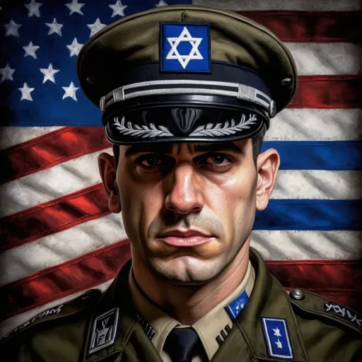 Prompt: Evil jewish israeli American military officer, menacing expression, detailed facial features, oil painting, Israeli flag patch, American flag patch, high contrast, dark and ominous, realistic style, harsh lighting
