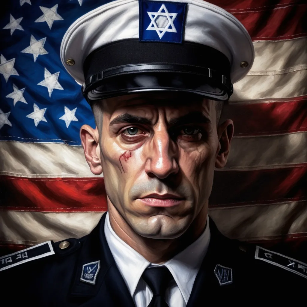 Prompt: Evil Jewish American military officer, menacing expression, detailed facial features, oil painting, Israeli flag patch, American flag patch, high contrast, dark and ominous, realistic style, harsh lighting
