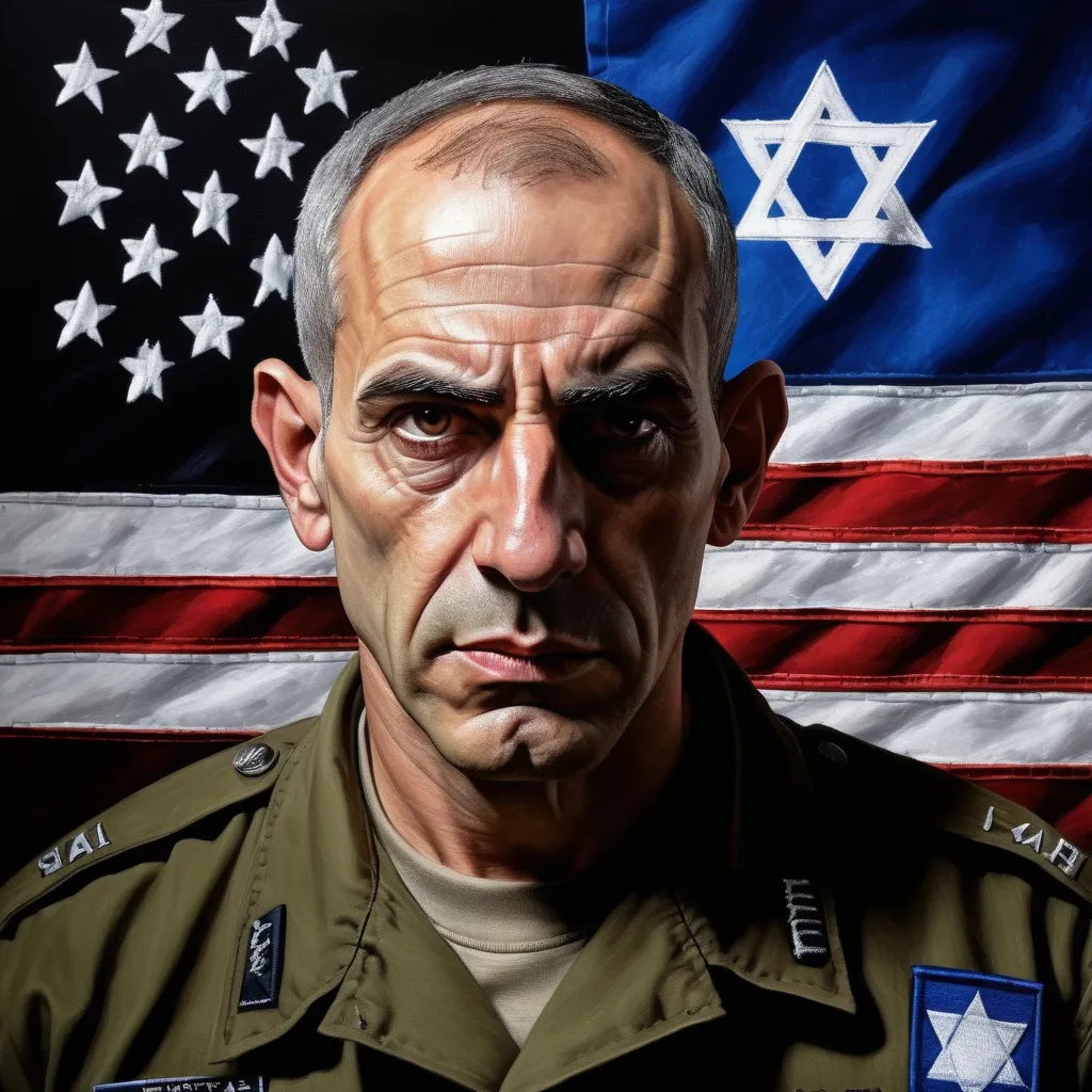 Prompt: Evil jewish israeli American military officer, menacing expression, detailed facial features, oil painting, Israeli flag patch, American flag patch, high contrast, dark and ominous, realistic style, harsh lighting
