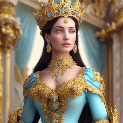 Prompt: Women with big crown, sky-blue dress, detailed embroidery, regal, elegant, highres, royal, fantasy, detailed, majestic, flowing fabric, exquisite jewelry, dramatic lighting, intricate design, grandiose, opulent, sky-blue, vibrant colors, royal attire, luxurious, ornate crown, majestic pose