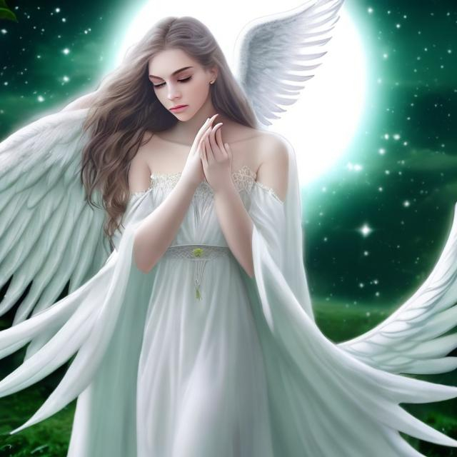 Prompt: woman  green eyes, long hair, white dress, angel white wings looking to the moon 