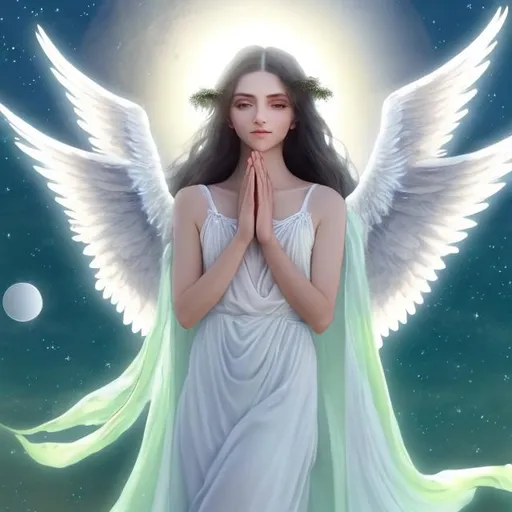 Prompt: Happy angel with long black hair, white wings, green eyes, white maxi dress, sun and moon in the sky, looking at the moon, ethereal, dreamy, detailed eyes, highres, angelic, fantasy, celestial, glowing moonlight, serene atmosphere
