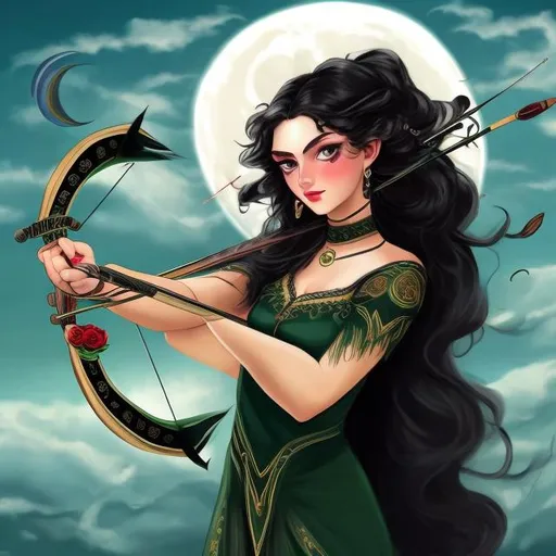 Prompt: woman  green eyes, long black hair, long white dress, with archery, big moon and the sky has roses.