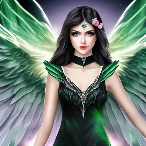 Prompt: woman have wings with  green eyes,with black hair, dress with white dress looking to the sunrise 