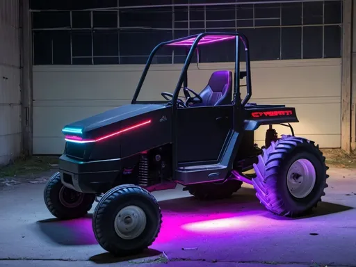 Prompt: a lawn tractor with a Cybertruck style hood and under-glow neon lights; it's sitting at an entrance to an abandoned warehouse in a city that has lots of neon signs, and it's at night