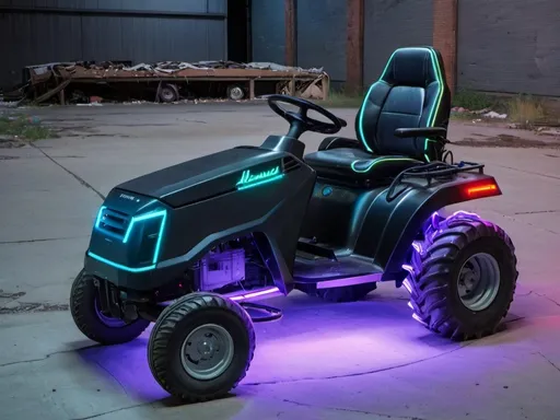 Prompt: a lawn tractor with a Cybertruck style hood and under-glow neon lights; it's sitting at an entrance to an abandoned warehouse in a city that has lots of neon signs, and it's at night