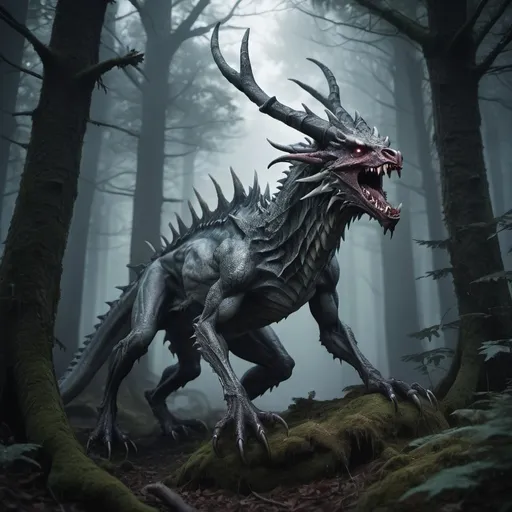 Prompt: A super realistic wendigo dragon in a dark and eerie forest 

