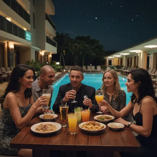 Prompt: a group of people sitting at a table with drinks and food on it at night time with a background hotel star 5