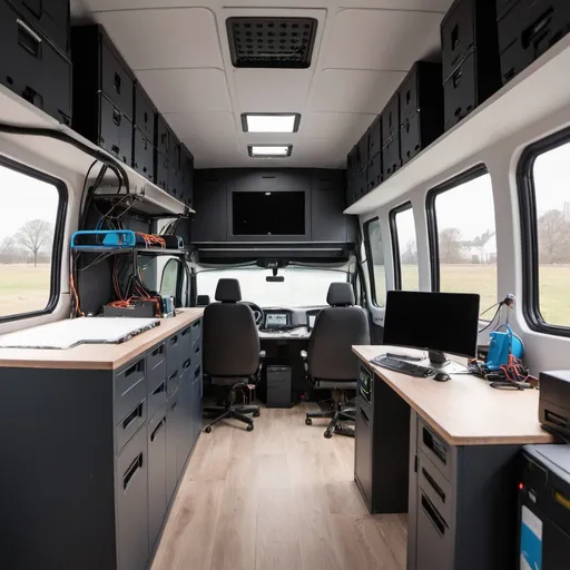 Prompt: a van which contains an office with 3d printers