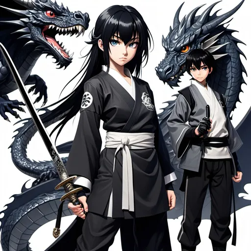 Prompt: ChatGPT

You said:
Generate a 2D high resolution image of an anime girl with black hair and bright silver dragon like eyes wearing a black Japanese karate clothing and fully clothed with no exposure, holding a black sword with a small black dragon insignia. Standing next to her is a 16 year old boy wearing rich European aristocratic clothes with shin high boots and has navy blue hair and bright navy blue eyes holding a book that has the picture world cover on it. Generate it in such a way that it has the title Scarlett Reverser and in an anime book cover manner