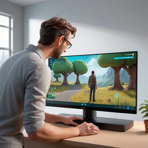 Prompt: A man is clicking on the smart screen on the side of the console, the man shows his back, makes interactive scenes, uses 3d modeling style scenes, and has a wide view
