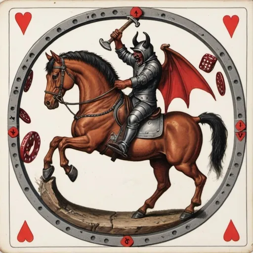 Prompt: Side with a horse like body using a horse shoe to mix a culdrean with devils flying scrounge with axes and is playing pocker with dices