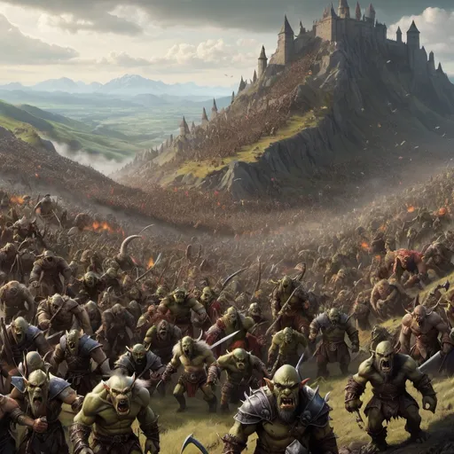 Prompt: a mix of 100,000 orcs, goblins, dragons, giants, wolves and other creatures decending on a hill 
