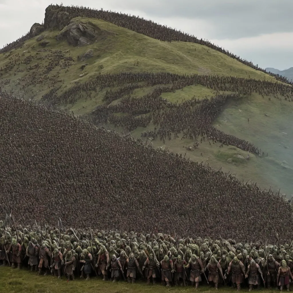 Prompt: 100,000 orcs decending on a hill 
