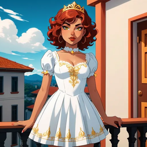 Prompt: A beautiful young 14 year old ((Latina)) evil anime light goddess with light brown skin and a symmetrical round cute face with big lips. She has a strong curvy body with a small waist. She has short curly reddish brown hair that curves to the left side of her head and reddish brown eyebrows. She wears a beautiful white short princess dress with gold and she wears a short white skirt. She wears white princess boots with gold on it. She has big brightly glowing yellow eyes and white pupils. She has long eyelashes. She wears a small golden tiara. She has a yellow aura around her. She is standing by a balcony looking up to the sky. Full body art. {{{{high quality art}}}} Illustration. Concept art. Symmetrical face. Digital. Perfectly drawn. A cool background. Five fingers, yellow glowing eyes, full view of dress, character design, multiple angles, different views of head and body. 2D animation art style