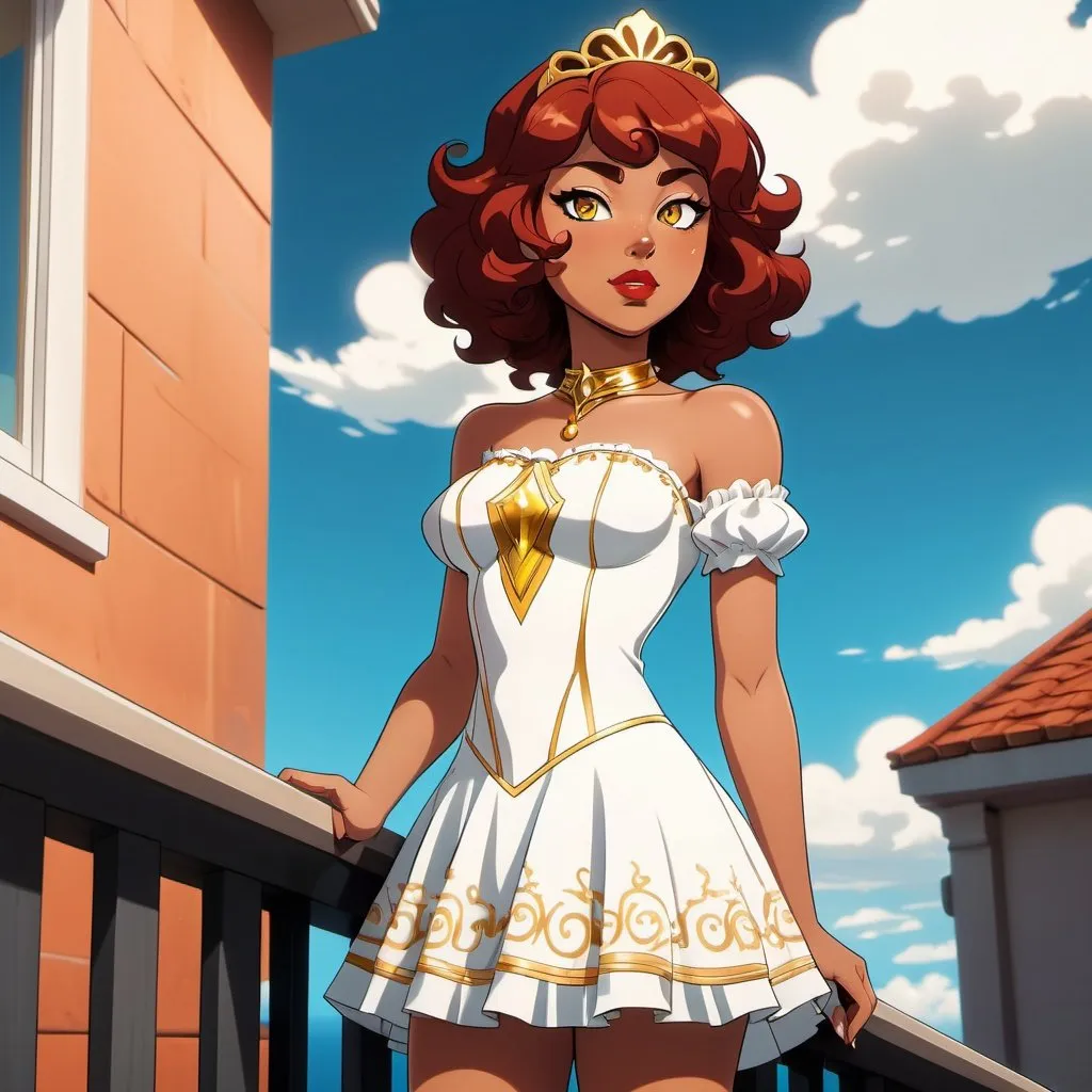 Prompt: A beautiful young 14 year old ((Latina)) evil anime light goddess with light brown skin and a symmetrical round cute face with big lips. She has a strong curvy body with a small waist. She has short curly reddish brown hair that curves to the left side of her head and reddish brown eyebrows. She wears a beautiful white short princess dress with gold and she wears a short white skirt. She wears white princess boots with gold on it. She has big brightly glowing yellow eyes and white pupils. She has long eyelashes. She wears a small golden tiara. She has a yellow aura around her. She is standing by a balcony looking up to the sky. Full body art. {{{{high quality art}}}} Illustration. Concept art. Symmetrical face. Digital. Perfectly drawn. A cool background. Five fingers, yellow glowing eyes, full view of dress, character design, multiple angles, different views of head and body. 2D animation art style