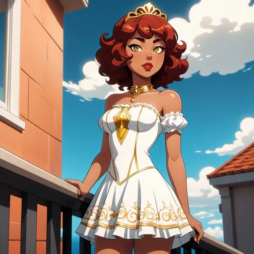 Prompt: A beautiful young 14 year old ((Latina)) evil anime light goddess with light brown skin and a symmetrical round cute face with big lips. She has a strong curvy body with a small waist. She has short curly reddish brown hair that curves to the left side of her head and reddish brown eyebrows. She wears a beautiful white short princess dress with gold and she wears a short white skirt. She wears white princess boots with gold on it. She has big brightly glowing yellow eyes and white pupils. She has long eyelashes. She wears a small golden tiara. She has a yellow aura around her. She is standing by a balcony looking up to the sky. Full body art. {{{{high quality art}}}} Illustration. Concept art. Symmetrical face. Digital. Perfectly drawn. A cool background. Five fingers, yellow glowing eyes, full view of dress, character design, multiple angles, different views of head and body. 2D animation art style