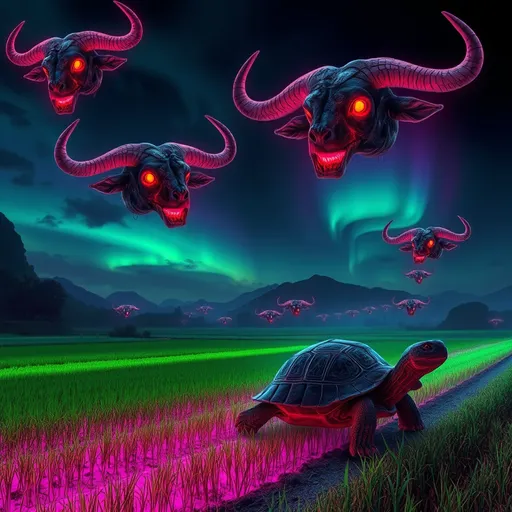 Prompt: Imagine a haunting Vietnamese countryside at dusk, where the air feels thick with dread. The neon rice fields pulse erratically, casting sickly green and violet glows that crawl unnaturally along the ground. In the sky, massive, ghostly water buffalo heads float silently, their eyes hollow and glowing a malevolent red. Their twisted, skeletal horns seem to pierce the dark clouds, and their mouths gape open as if in a silent, endless scream.
 farmers move with jerky, unnatural motions, their cracked faces locked in twisted, lifeless grins. They hum a distorted, warbling tune that echoes like distant screams.
A giant turtle, its shell covered in deep, bleeding cracks, drags itself along a path that seems to shift and writhe underfoot. Its eyes glow red, trailing black mist as it moves. Above, a twisted aurora slashes through the sky, casting sharp, jagged shadows that dance like phantoms. A low, guttural growl reverberates through the air, growing louder, yet the source remains unseen, hidden in the oppressive darkness. The entire scene feels wrong, as if the landscape itself is alive—and hungry.