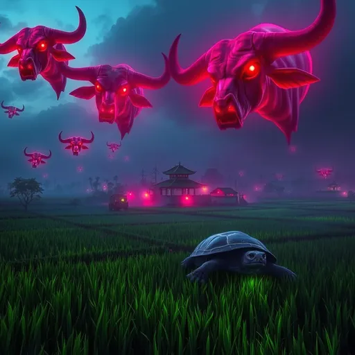 Prompt: Envision a Vietnamese countryside at dusk, shrouded in a thick, palpable dread. Neon rice fields pulse with sickly green and violet hues, their light creeping unnaturally along the ground. Above, massive, ghostly water buffalo heads drift silently through the sky, their hollow eyes glowing with malevolent red. Their skeletal horns pierce the dark clouds, while their gaping mouths seem trapped in an endless, silent scream.

An upside-down pagoda hovers over a stagnant, blackened lake, its lanterns flickering weakly as if struggling against an unseen force. Phantom farmers, their faces obscured and their forms shimmering with an eerie translucence, move with jerky, unnatural motions. They hum a distorted, warbling tune that echoes like distant screams.

A giant turtle, its shell marred by deep, bleeding cracks, drags itself along a shifting, writhing path. Its face, disturbingly human-like, is twisted in agony as it emits a piercing, heart-wrenching scream. Glowing red eyes trail black mist with each agonized movement. Above, a twisted aurora slashes through the sky, casting jagged shadows that dance like phantoms. A low, guttural growl reverberates through the air, growing louder yet remaining hidden in the oppressive darkness. The entire scene feels disturbingly alive—as if the very landscape itself is hungry.