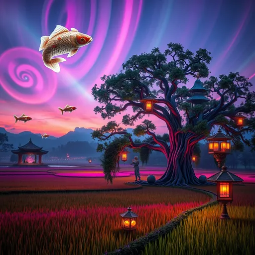 Prompt: icture a surreal Vietnamese countryside where reality blends with the extraordinary. The scene is set at twilight, with rice fields glowing in neon colors—pinks, purples, and electric blues. A massive, ancient banyan tree in the center of the fields has roots that rise and twist into the air, forming intricate spirals that hum with an eerie energy. Suspended in the sky are colossal koi fish, lazily swimming through the clouds, their scales shimmering like gemstones.

In the distance, a floating pagoda, upside-down, hovers above a glassy, mirror-like lake, with lanterns that defy gravity, drifting upwards instead of down. Instead of traditional farmers, there are robotic figures in conical hats tending to the crops, their eyes glowing softly as they hum ancient folk songs. A giant, golden turtle walks slowly along a winding path, its shell engraved with ancient symbols that shift and change as it moves. Above, the sky is filled with an aurora of shifting colors, with streaks of light forming abstract patterns that seem to pulse in time with the distant echo of a dragon’s roar, though no dragon is in sight. This is a world where the ordinary rules of nature no longer apply, yet it feels strangely harmonious, as if this is how the countryside has always been.