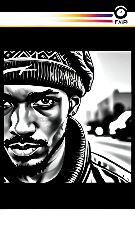 Prompt: Realistic digital portrait of Jay Fair, vibrant and expressive, high quality, detailed facial features, urban street background, bold and vibrant colors, streetwear fashion, professional digital painting, detailed eyes and facial hair, atmospheric lighting