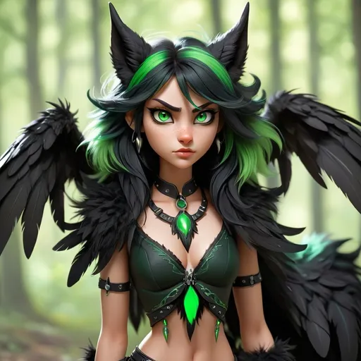 Prompt: A female Apex Alpha she wolf/human with black and green eyes that are slitted, black and green hair wings wolf ears and bushy tail. black and green feathered wings, and four sets of horns.