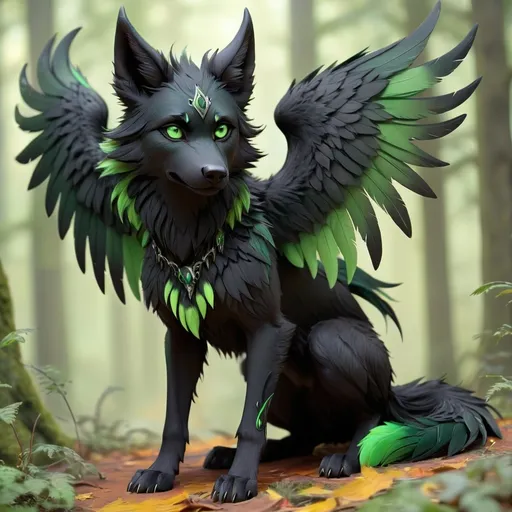 Prompt: A female Apex Alpha she wolf with black and green eyes that are slitted, black and green hair wings wolf ears and bushy tail. black and green feathered wings, and four sets of horns.