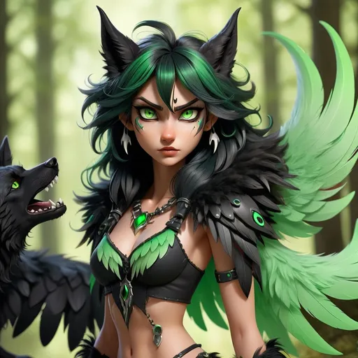 Prompt: A female Apex Alpha she wolf/human with black and green eyes that are slitted, black and green hair wings wolf ears and bushy tail. black and green feathered wings, and four sets of horns.