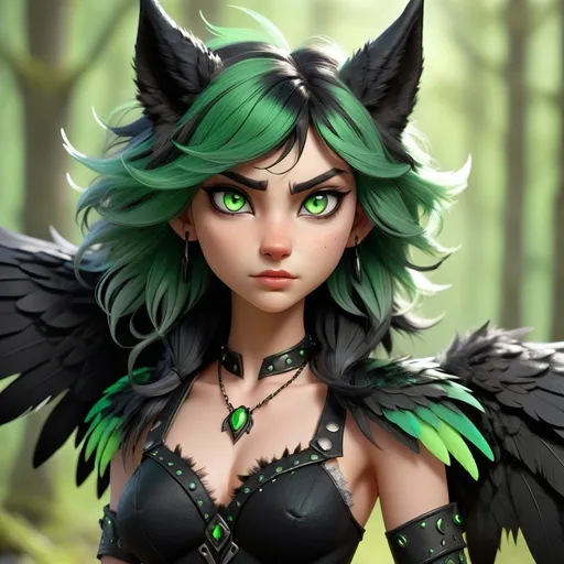 Prompt: A female Apex Alpha she wolf/human with black and green eyes that are slitted, black and green hair wings wolf ears and bushy tail. black and green feathered wings, and four sets of horns.