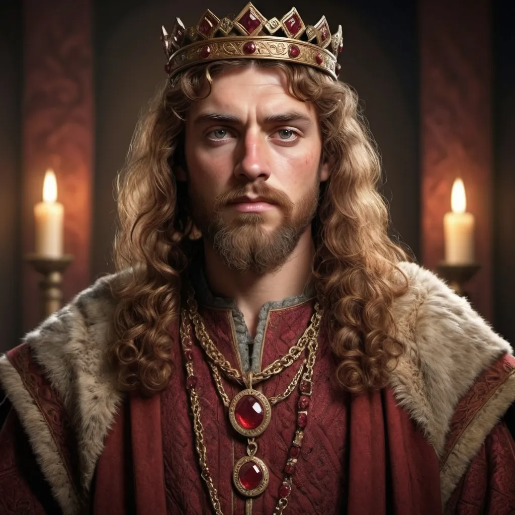 Prompt: A medium tenth century Anglo Saxon king in his mid 30s with medium length curled hair which is reddish-brownish a medium beard well groomed  and a square crown with rubies early medieval attire forma noble 