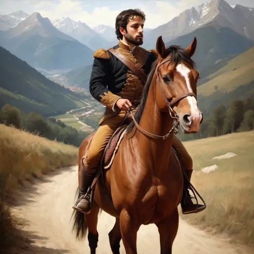 Prompt: Please create a Renaissance-style painting of me riding a horse. Use techniques like chiaroscuro and a warm color palette.

i'll describe myself....my mom is italian/spanish and my dad is from Venezuela, im light skin, dark hair, normally skin fade, dark brown eyes, my head is oval, beard only like chiva in spanish, estoy definido por el gym, mido 1.74m y quiero la pintura tipo napoleon cruzando los alpes