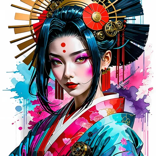 Prompt: digital watercolor painting of modern geisha character, Cyberpunk, Mechanical, Vibrant Neon Colors, 
