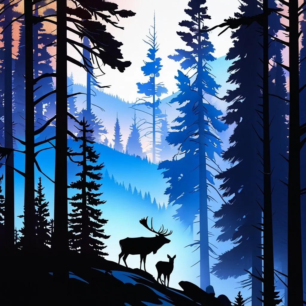 Prompt: Landscape by Neil Blevins, Forest, Mountains of Montana, ambient lighting, early morning glow, silhouettes 