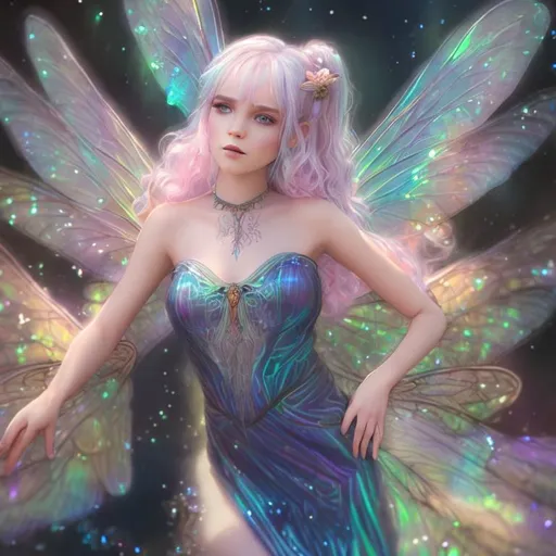 Prompt: Fairy with iridescent dragonfly wings wearing a long flowing iridescent gown and taking a self portrait, character portrait, highly detailed, anime ghible